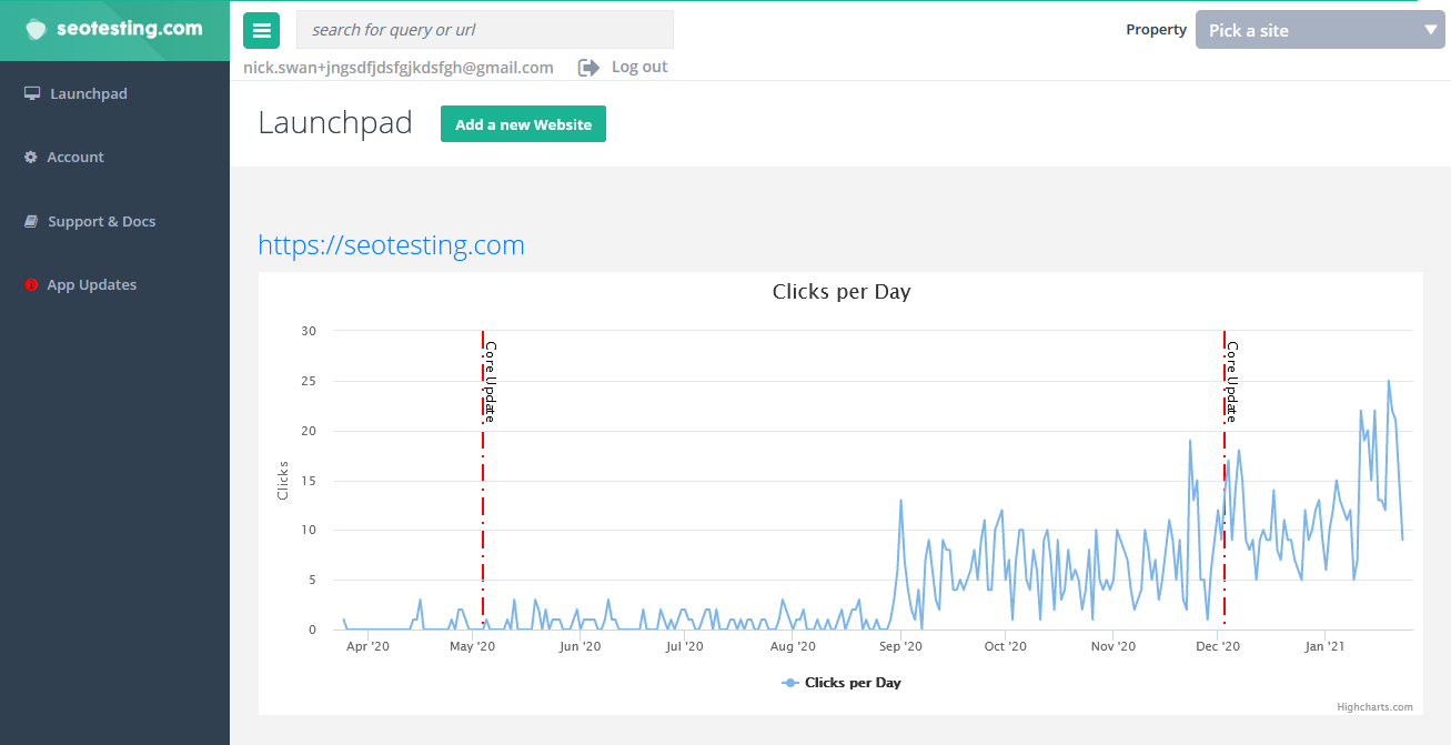 Screenshot of the SEOTesting launchpad