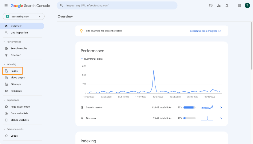 Going to Pages report in Google Search Console.