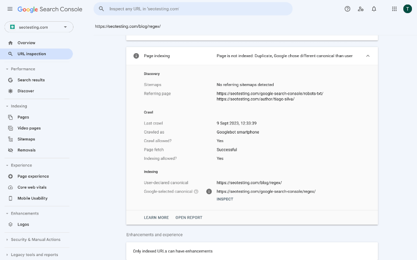 URL inspection tool details in Google Search Console.