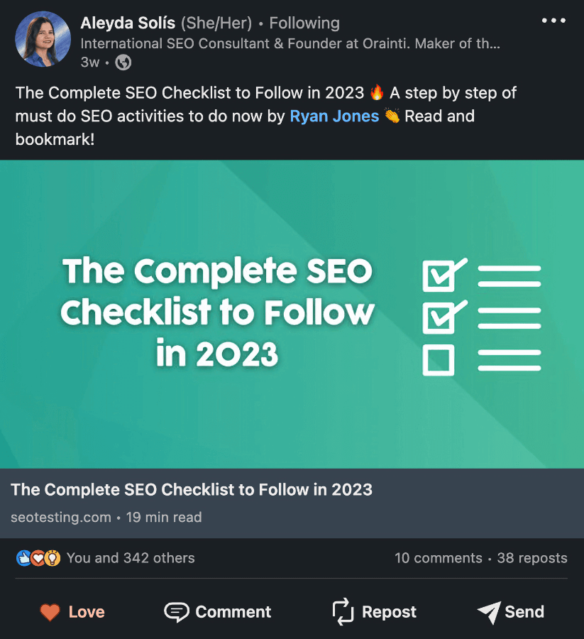 SEO Checklist article shared by Aleyda Solis in LinkedIn.