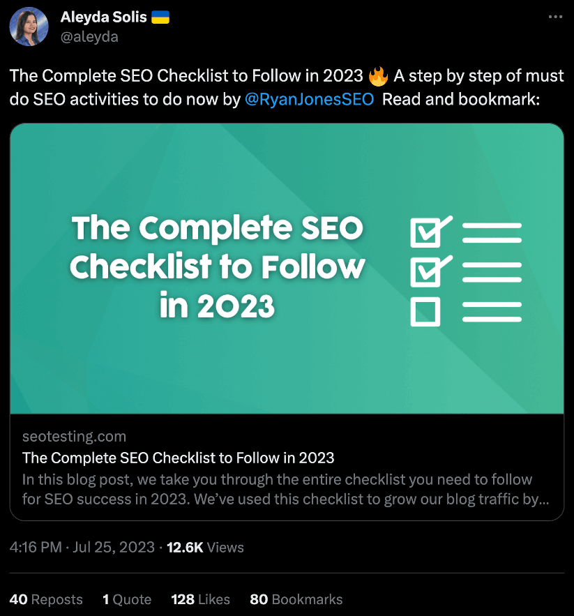 SEO Checklist article shared by Aleyda Solis on Twitter.