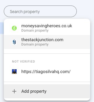 Google Search Console list of properties showing which ones still aren't verified.