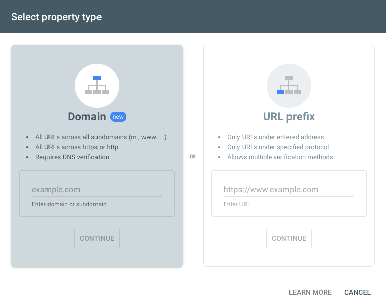Google Search Console allows domain and URL prefix verification.