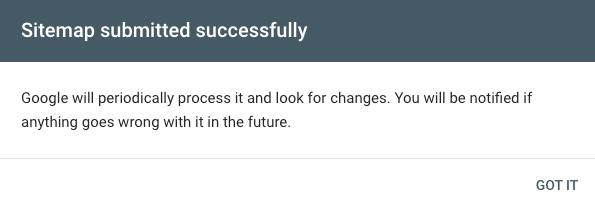 Google Search Console message after successful sitemap submission.