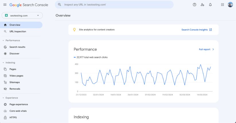 Google Search Console overview showing performance graph and total web search clicks.