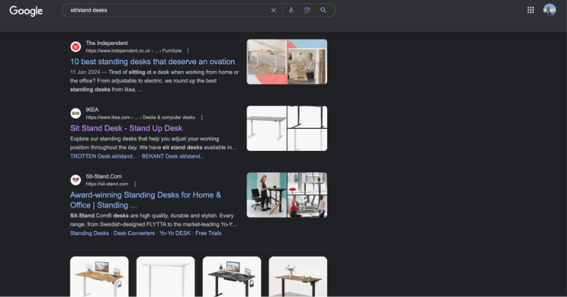 Google search engine results page for sit-stand desks with listings from various vendors and review sites.