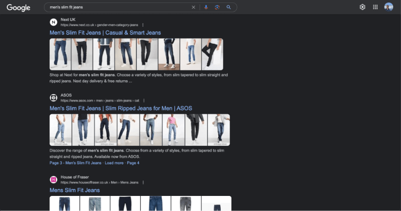 Google SERP for the query 'men's slim fit jeans'.