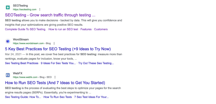 Google SERP for the query 'SEO testing'.