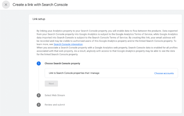 Google Analytics 4 link setup page with Google Search Console.