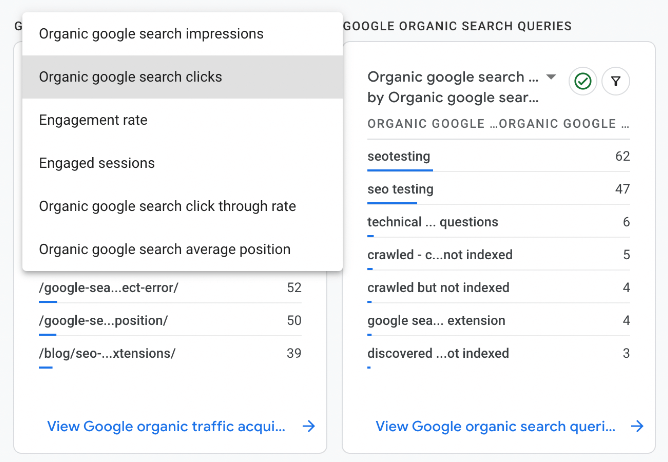 Organic Google search clicks dropdown selector.
