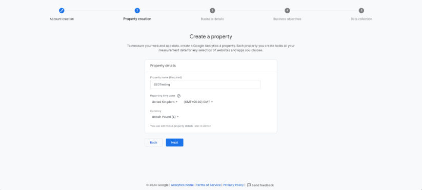 Create a property step in Google Analytics setup process with the property name and reporting time zone.