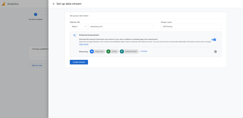 Setup of data stream in Google Analytics with options for enhanced measurement on a website URL input field.
