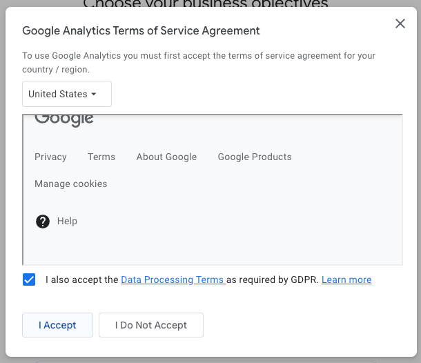 Google Analytics terms of service agreement pop-up with country selection and GDPR compliance checkbox.