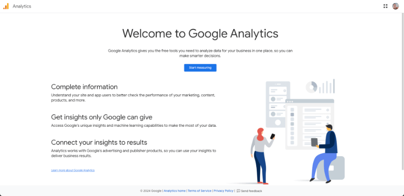 Welcome page of Google Analytics with feature highlights and illustrations.