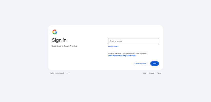 Google sign-in page interface for accessing Google Analytics with email or phone input field.