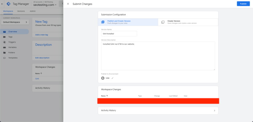 Screenshot of Google Tag Manager interface with options to submit and publish changes.