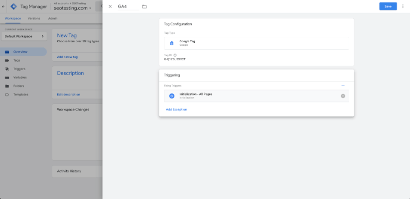 Triggering setup in Google Tag Manager for a Google Tag with initialization on all pages.
