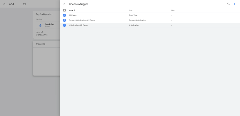 Choose a trigger interface in Google Tag Manager with options for all pages or consent initialization.