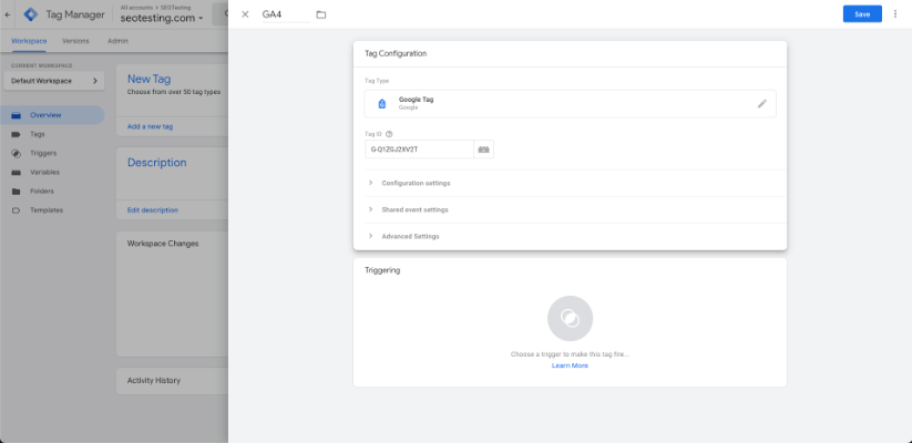 Tag Configuration section in Google Tag Manager with fields for Google Tag and Tag ID input.
