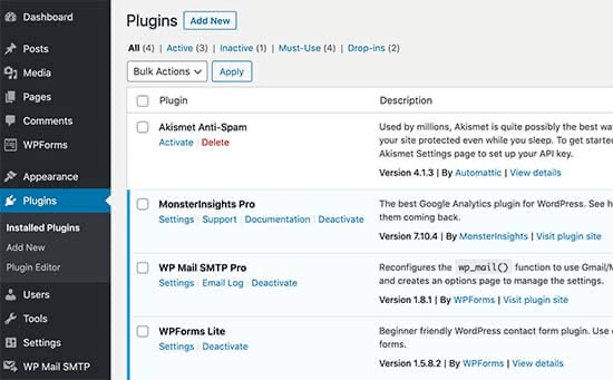 WordPress dashboard showing a list of plugins including MonsterInsights Pro and WP Mail SMTP Pro.