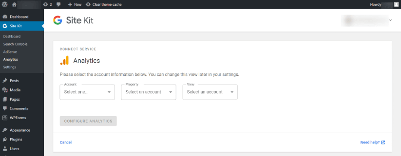 Screenshot of Google Site Kit dashboard for GA4 setup with dropdown menus for account selection.