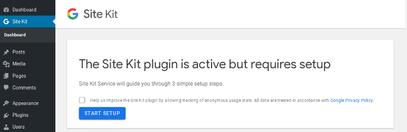Screenshot showing Site Kit plugin active notice and start setup button on WordPress dashboard.
