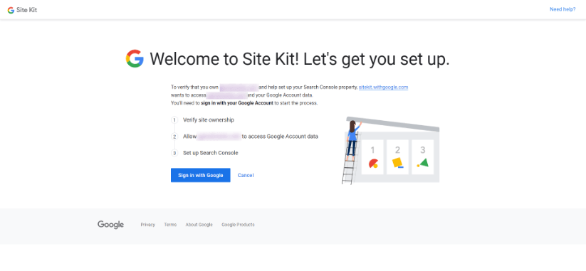 Google Site Kit setup welcome screen with steps and sign in option