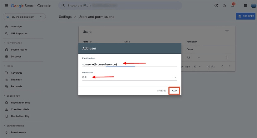 Google Search Console add user popup with fields for email address and permission level highlighted by red arrows.
