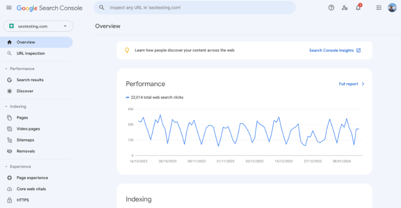 Google Search Console overview page for 'seotesting.com' displaying a performance graph with web search clicks data.