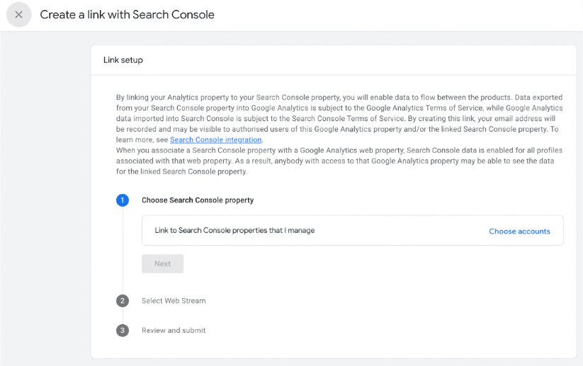Google Analytics 4 page to create a link with Search Console showing link setup steps and options.