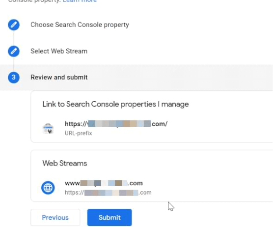 Google Analytics 4 page to review and submit the Search Console link showing selected properties and submit button.