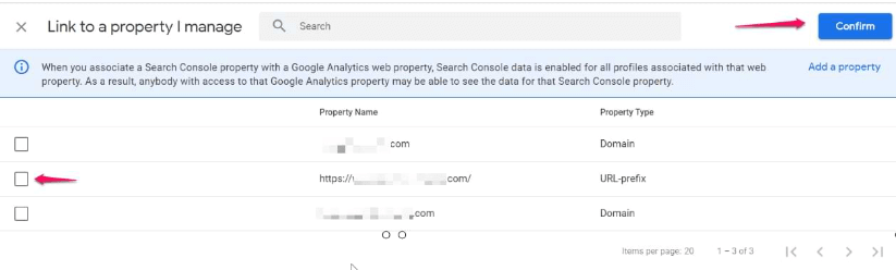 Google Analytics 4 page to link to a Search Console property showing property options and a confirm button.