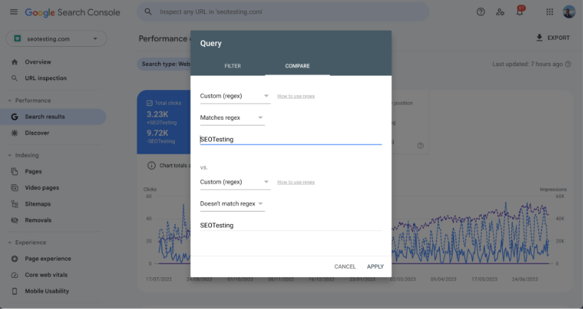 Creating filter for brand vs non-brand traffic on Google Search Console.