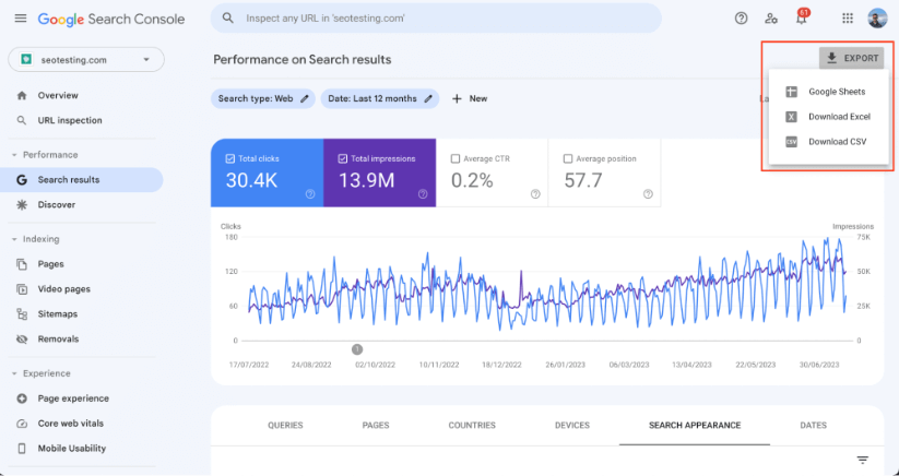 Data export options on Google Search Console.