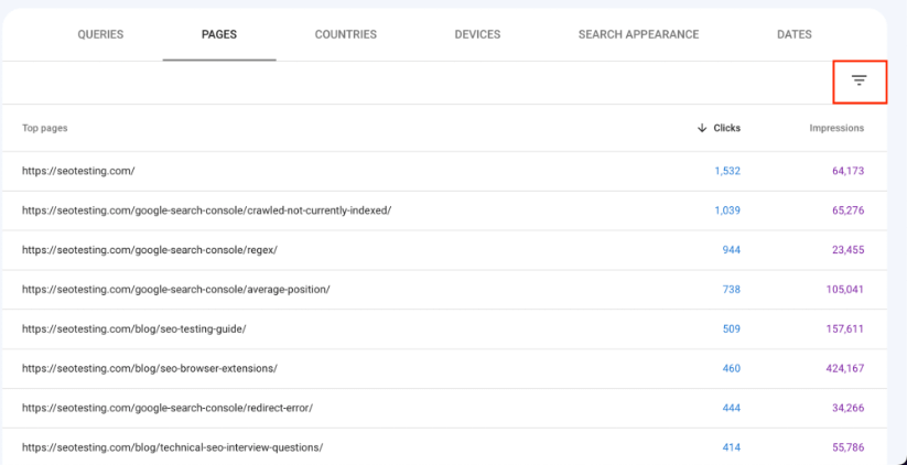 Filter button on Google Search Console.