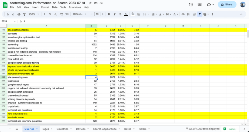 Highlighting keywords on a spreadsheet.