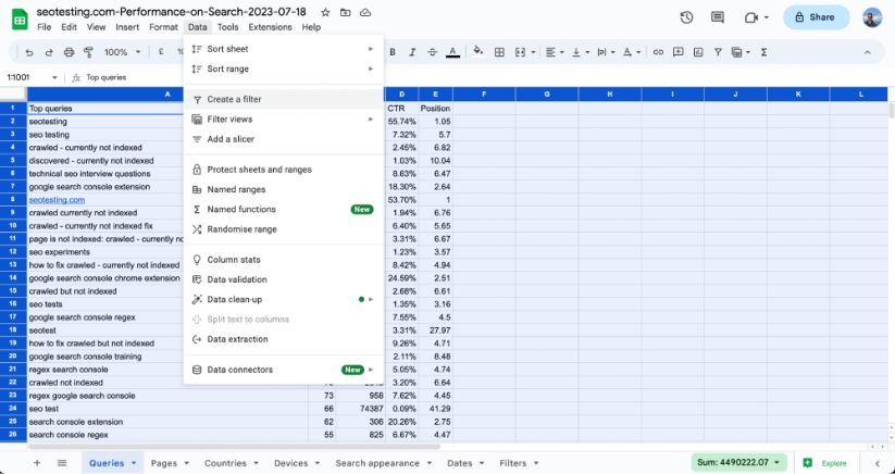 Creating a filter on a spreadsheet.