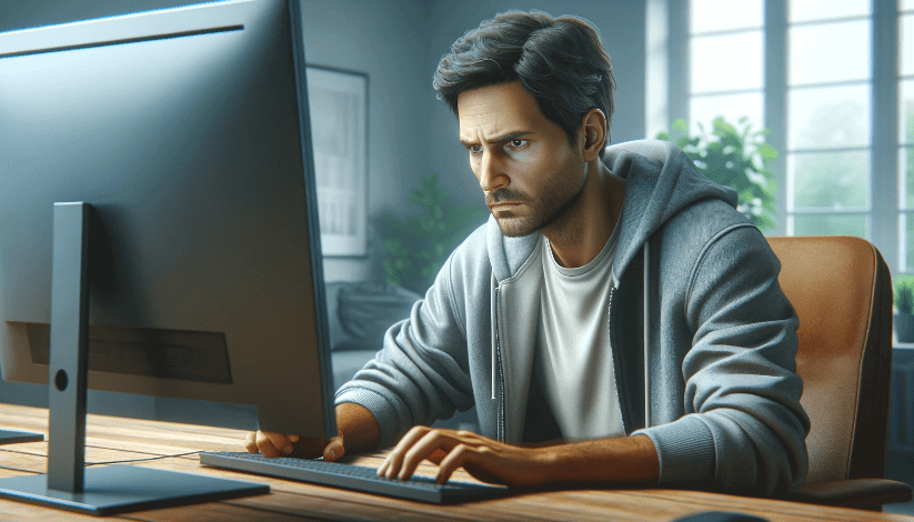 Illustration of a man focused intently on work at his computer in a well-lit home office.
