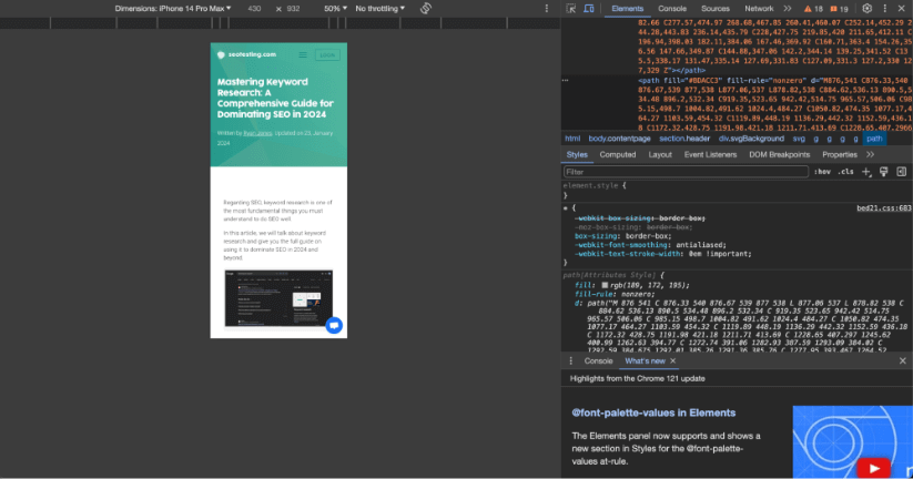 Developer tools open on a browser displaying the mobile view of a webpage.