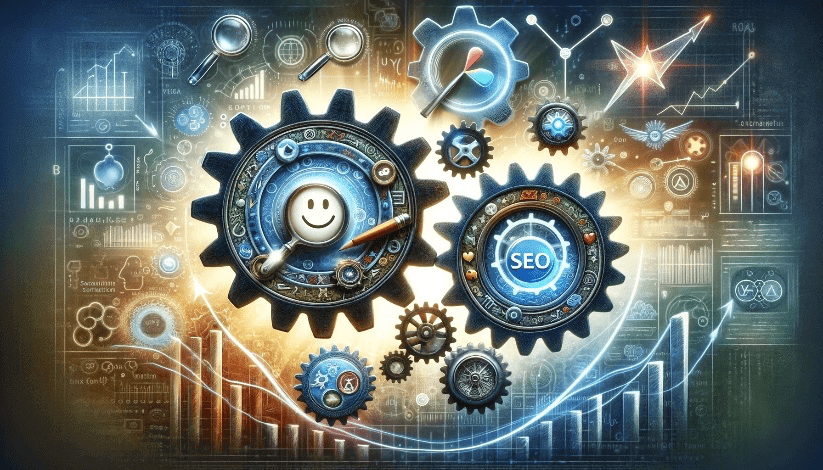 Conceptual image of gears and dials representing SEO and user experience with graphs and analytics in the background.