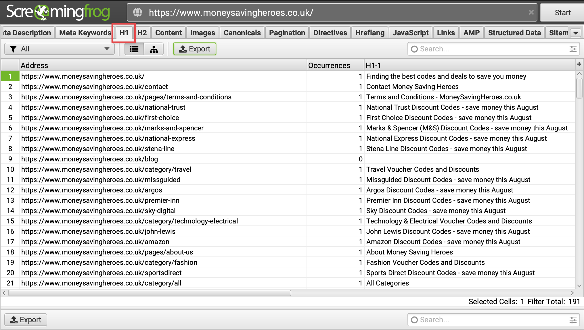 ScreamingFrog page's H1 report.