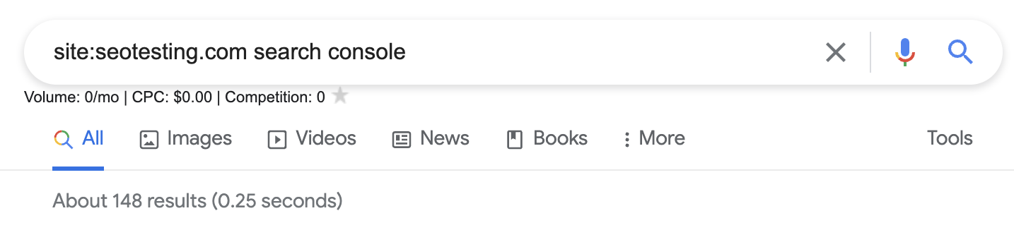 Using search operators on Google to find how many pages they've indexed about SEOTesting related to 'Search Console'.