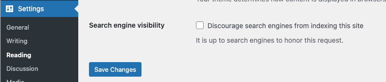 WordPress settings to discourage search engine indexing.