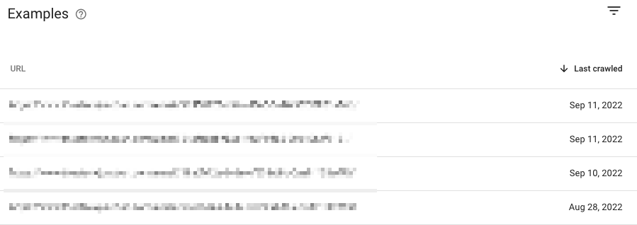 Blurred list of URLs that are 'indexed Indexed, though blocked by robots.txt' found a Google Search Console property.