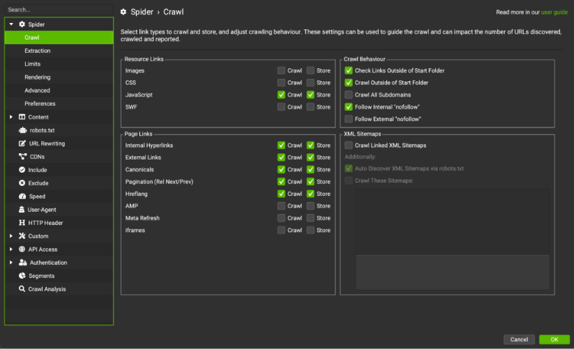Screaming Frog SEO Spider settings panel for crawl behavior and link types.