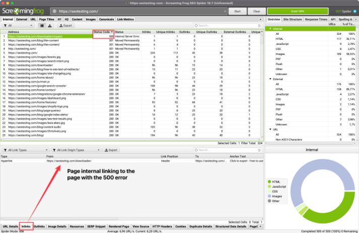 Screenshot showing where to find broken internal links on Screamingfrog.