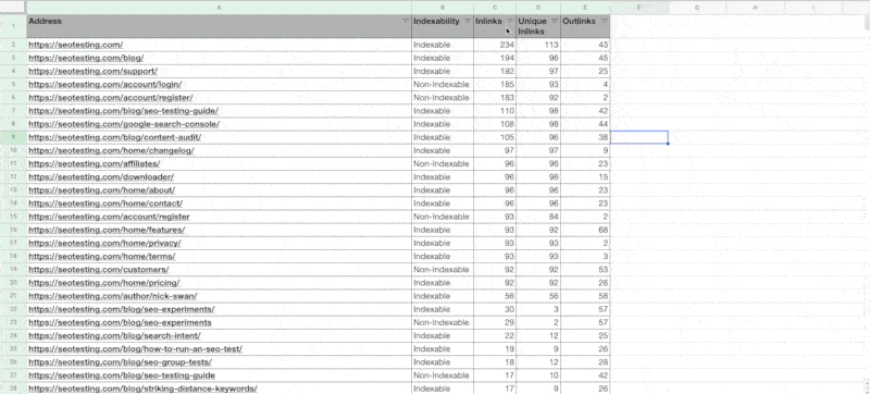 Results from Screamingfrog export showing internal links.