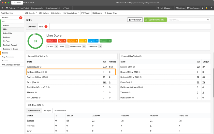 Sitebulb report to find broken internal links.