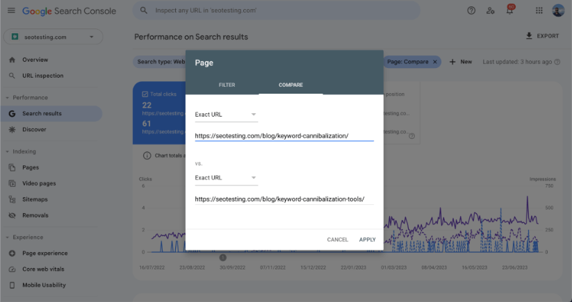 Window to create compare filters on Google Search Console.