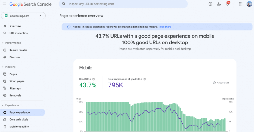 Page experience report on Google Search Console.